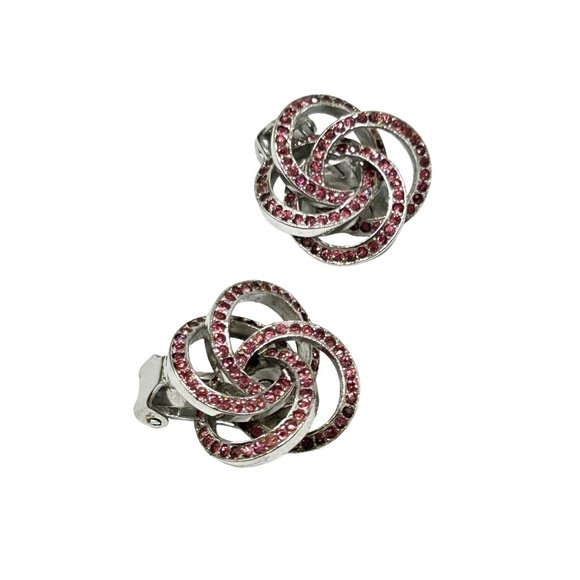 Signed KRAMER Clip On Earrings Silver Tone & Pink Rhinestones Love Knot Circles - Picture 1 of 8